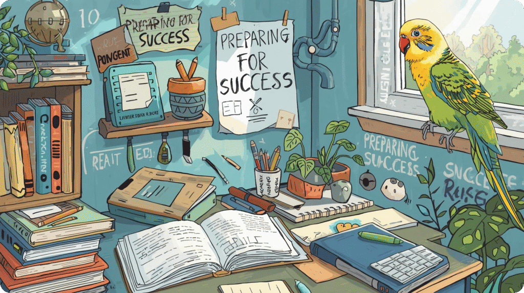 A cartoon bird perched on a desk surrounded by books and an open book, creating a whimsical study scene.