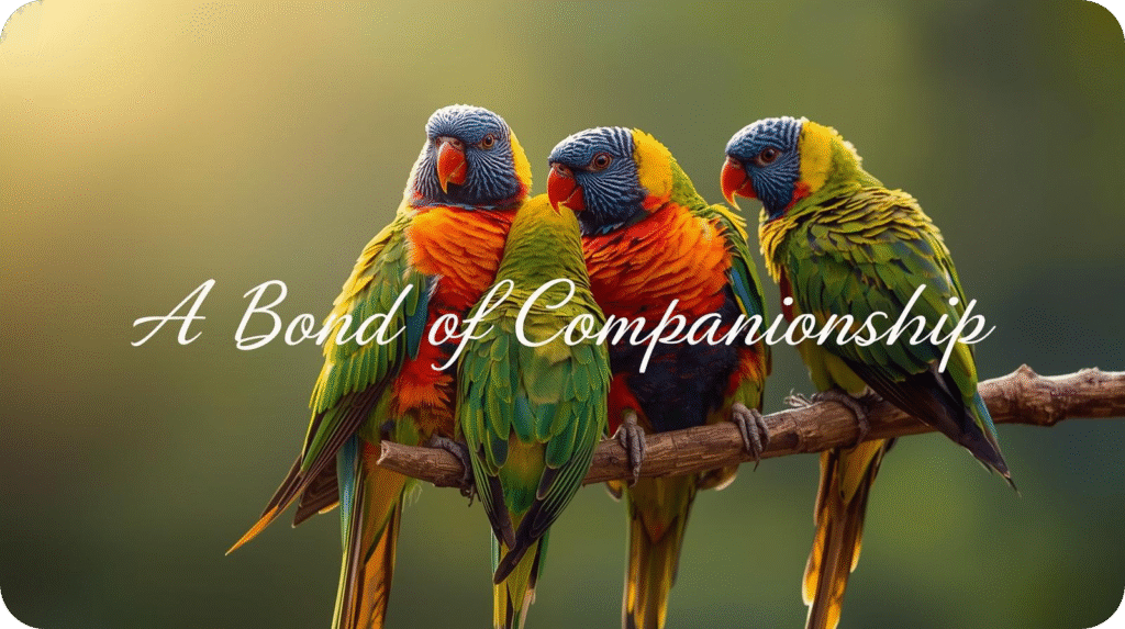 Four vibrantly colored lorikeets perch closely on a branch, with the text "A Bond of Companionship" overlay.
