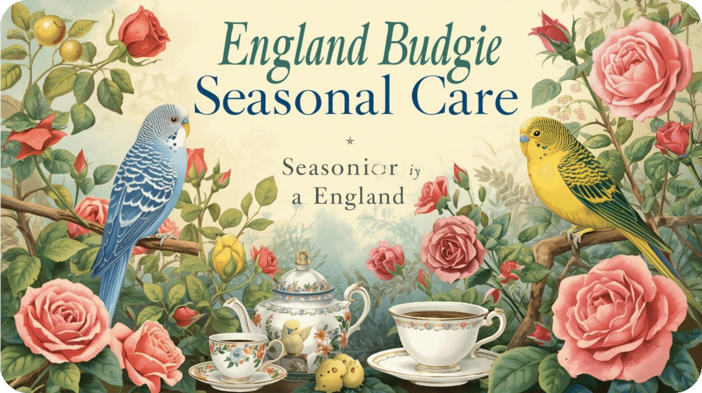 An elegant illustration titled "England Budgie Seasonal Care" featuring budgies, roses, and a tea set.