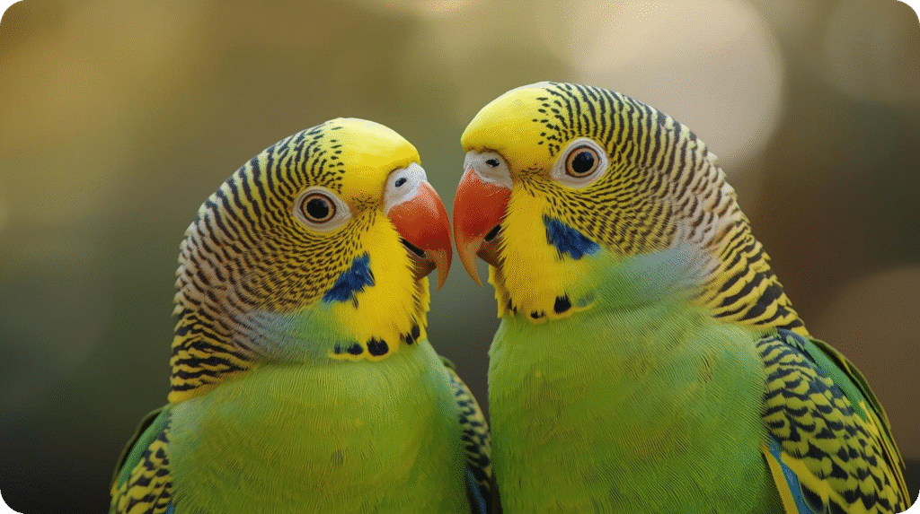 Close-up of two green parakeets with yellow heads perched side-by-side.