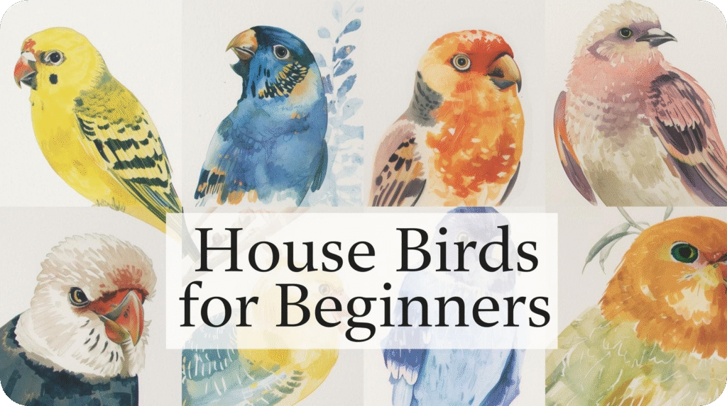 Text "House Birds for Beginners" overlaid on a collage of colorful watercolor bird portraits.
