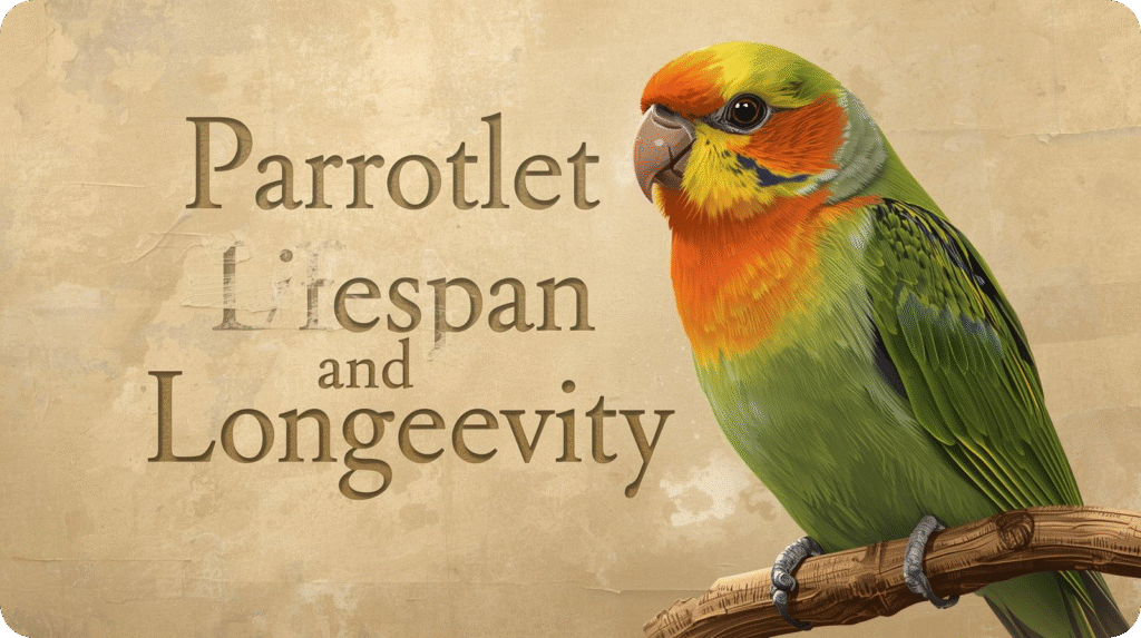 Green and orange parrotlet perched on a branch with text "Parrotlet Lifespan and Longeevity".
