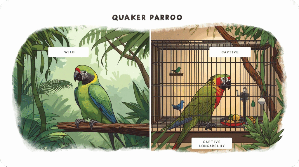 Split illustration showing a green Quaker parrot in a 'Wild' jungle setting versus a 'Captive' one inside a wire cage.