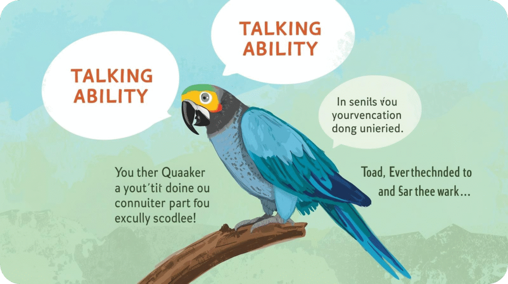 Blue parrot illustration with 'TALKING ABILITY' speech bubbles and garbled text on a light blue background.

