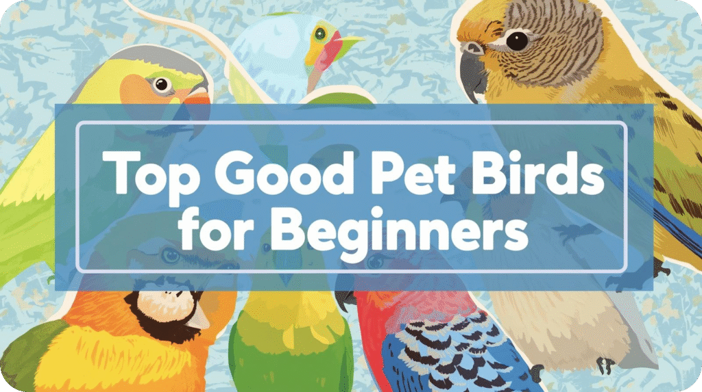 A vibrant graphic with illustrations of various birds in the background and a title overlay: "Top Good Pet Birds for Beginners."
