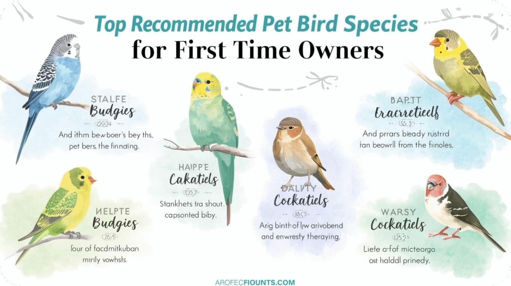 "Top Recommended Pet Bird Species for First Time Owners" infographic featuring watercolor bird illustrations.
