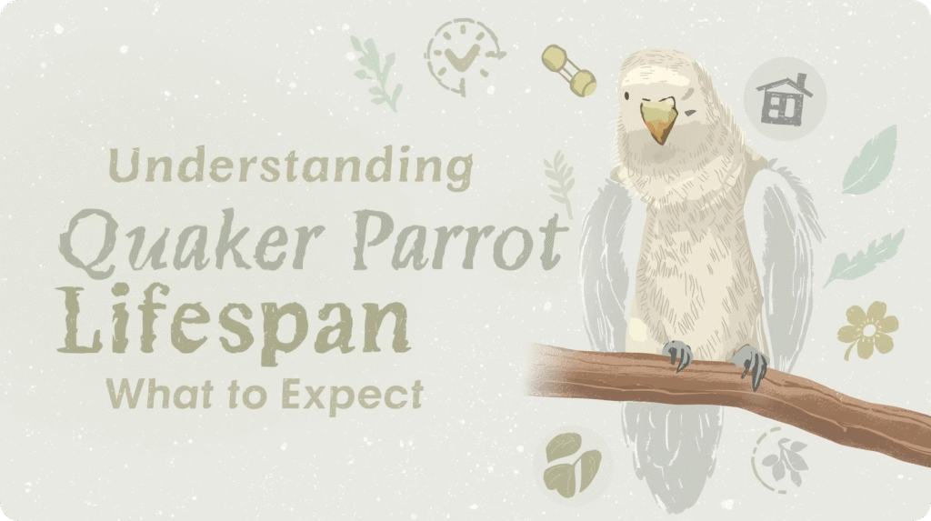 Infographic illustrating the Quaker Parrot Lifespan and key factors that affect a Quaker parrot’s longevity.