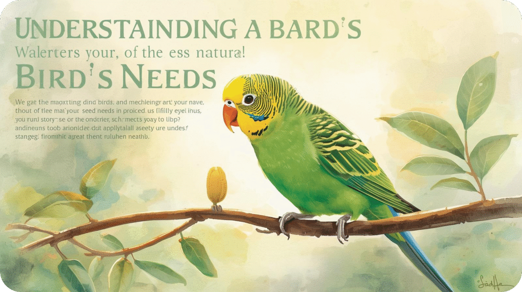 An illustration of a green budgie perched on a branch, with text "UNDERSTANDING A BIRD'S NEEDS".

