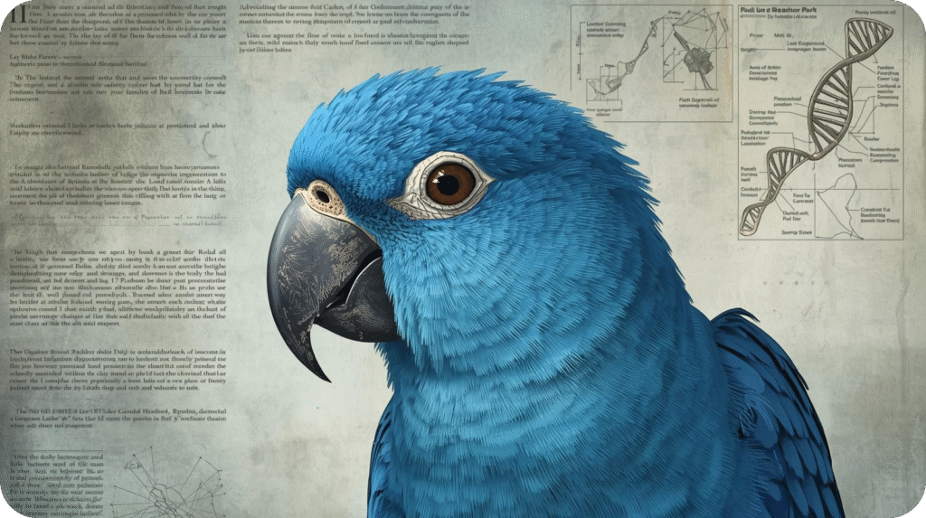 Detailed blue parrot head illustration set against a vintage background of text and scientific diagrams.
