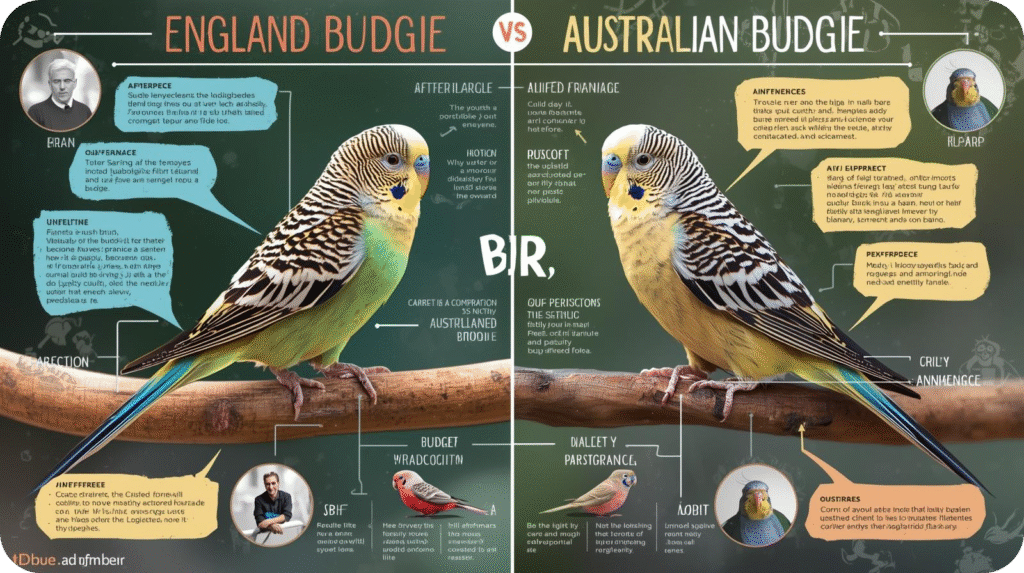 A detailed infographic comparing "England Budgie" and "Australian Budgie" with illustrations and descriptive text.