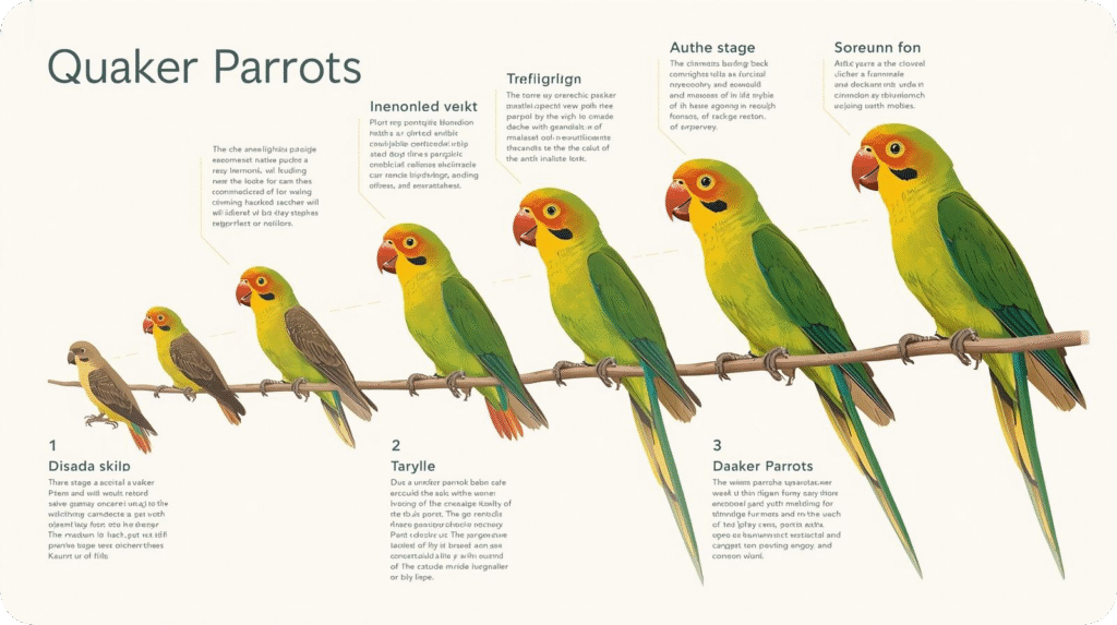 Infographic displaying the growth stages of Quaker Parrots, featuring five birds from chick to adult on a branch.