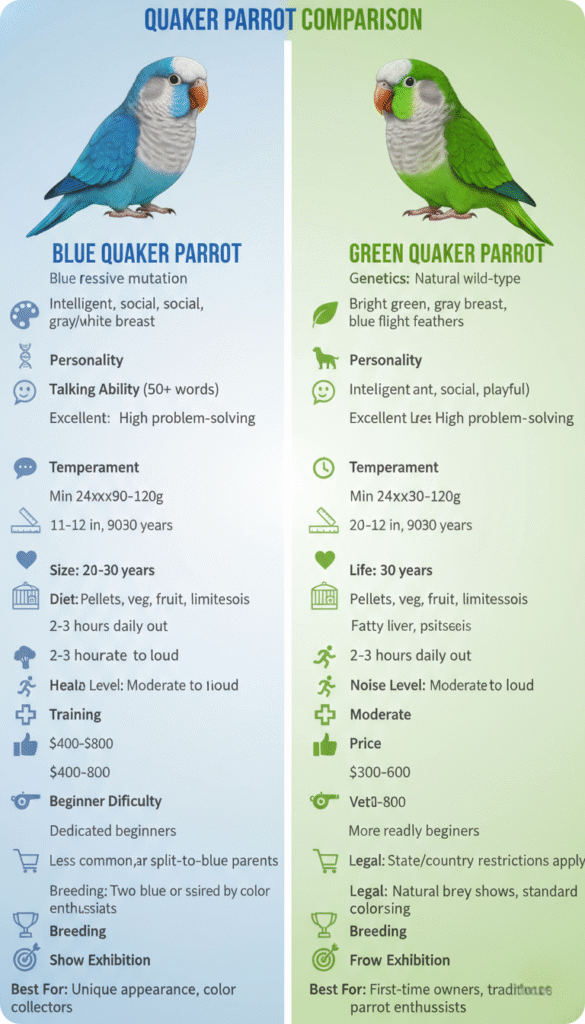 Comparison of a Quaker parrot and a blue Quaker parrot, highlighting their color and size differences.
