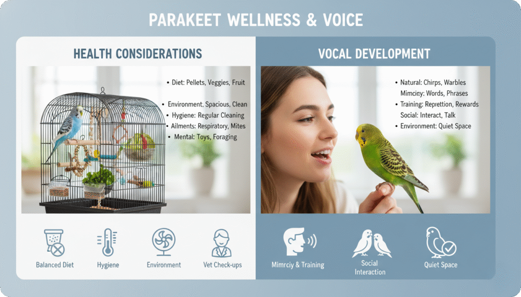 A vibrant parakeet perched on a branch, showcasing its colorful feathers and vocalizing in a serene environment.