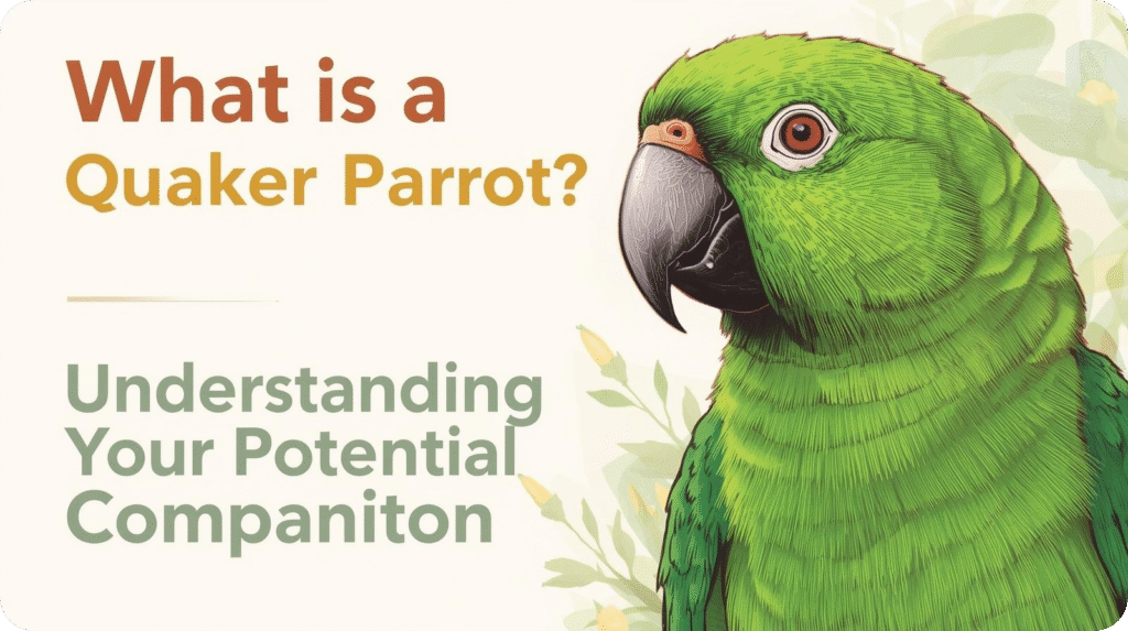 Green Quaker parrot illustration with text 'What is a Quaker Parrot? Understanding Your Potential Companion'.