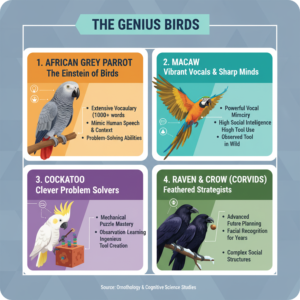 Smart African grey parrot and colorful macaw showcasing intelligence and speech, symbolizing the coolest bird pets.