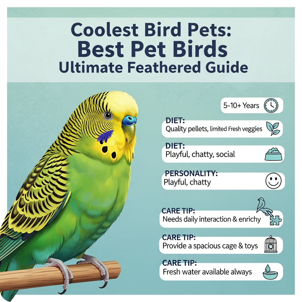 Colorful parrots, cockatiels, and budgies perched together, showcasing the coolest pet birds in this ultimate guide.