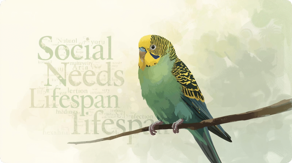 A green parakeet perched on a branch, accompanied by text discussing the importance of social needs in animals.