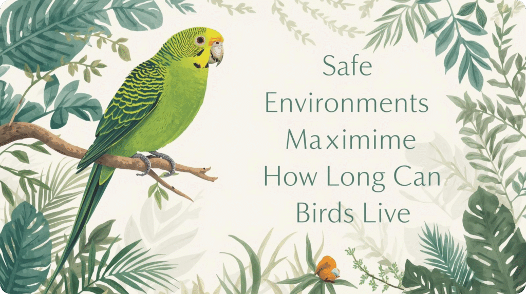 Image depicting a safe environment for birds, with text asking, "How long can birds live?"
