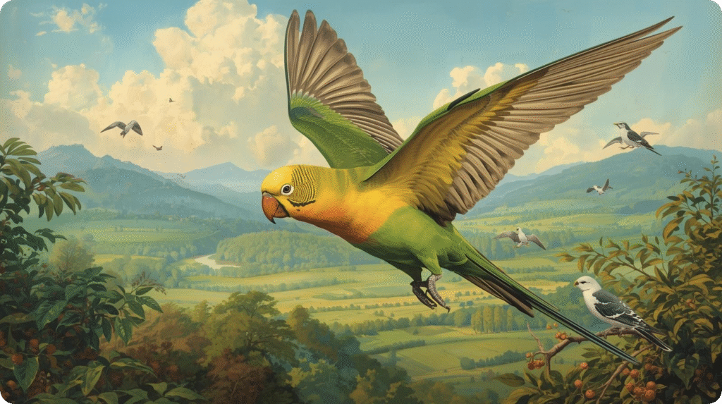 A vibrant painting of a parrot soaring above a lush green landscape under a clear blue sky.