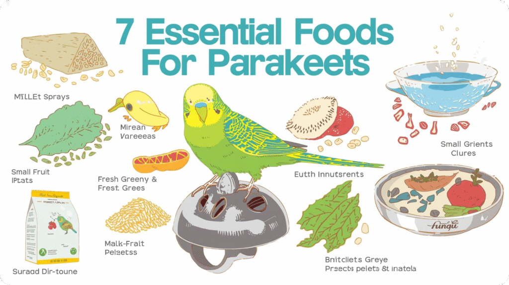Seven essential foods showing what do parakeets eat, displayed in a colorful arrangement on a wooden surface.