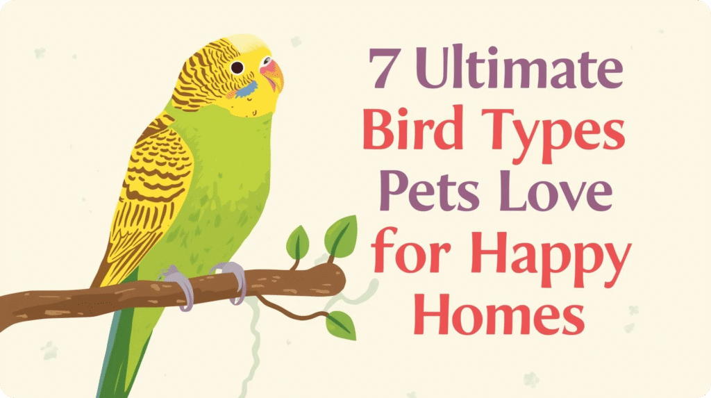 A colorful collage of bird types pets, showing vibrant pet bird species with playful behavior in a cheerful home environment.