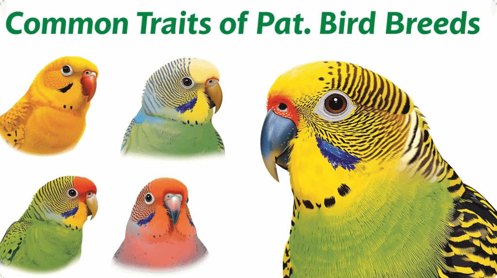 Infographic illustrating common traits of pet bird breeds, highlighting differences in size, color, and personality characteristics.