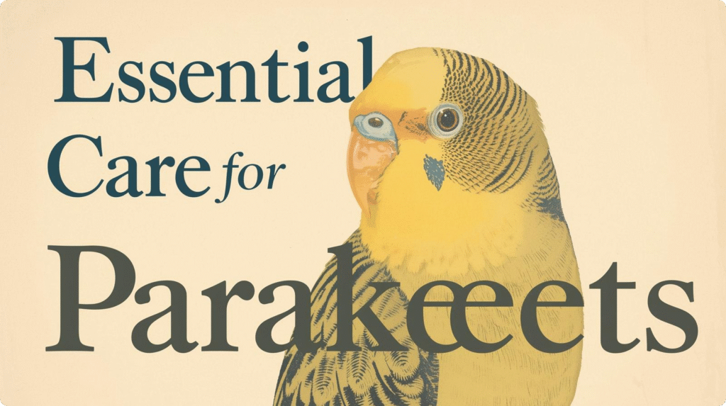 Essential care items for parakeets, including food, toys, and grooming tools, displayed on a wooden surface.