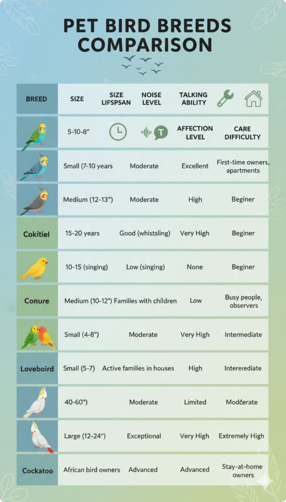 Comparison chart of various pet bird breeds, highlighting characteristics and care requirements for each breed.