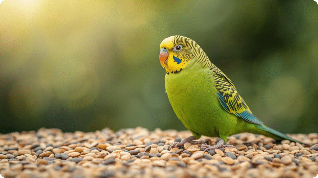 A green parakeet stands atop a mound of seeds, showing what do parakeets eat while exploring its surroundings.