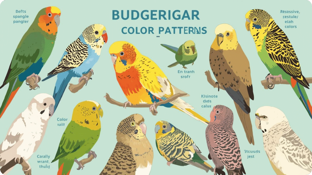 Budgerigar Colors on full display—colorful budgies and parakeets perched against a vibrant blue background, showcasing their bright feathers and playful nature.
