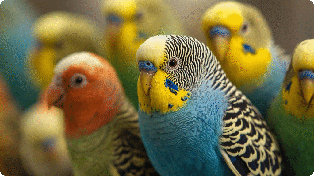 Budgerigar Colors on full display—a vibrant group of various colorful birds perched together on a branch, showcasing their bright feathers.