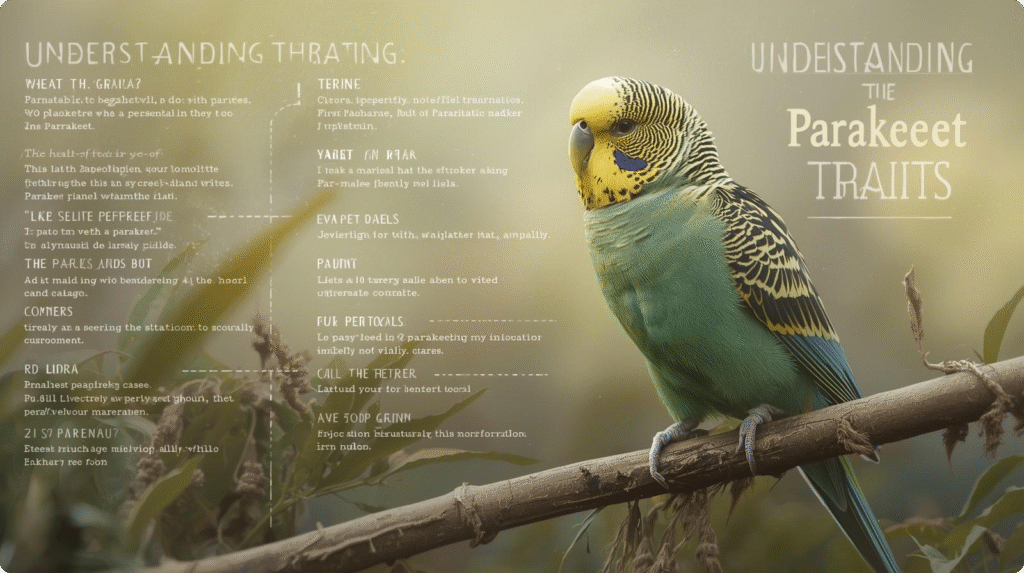 A colorful parakeet perched on a branch, surrounded by seeds and fruits, showcasing one of the most popular pet bird breeds and its healthy diet.
