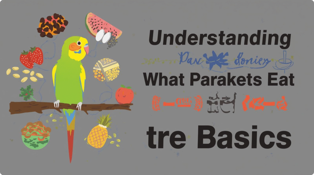 An informative graphic illustrating what can parakeets eat, highlighting essential food types and key nutritional needs for a healthy diet.
