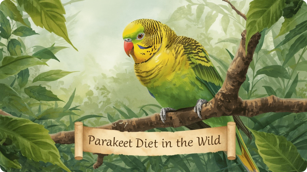 A parakeet foraging in the wild among seeds, fruits, and leaves, showing what do parakeets eat in their natural diet.