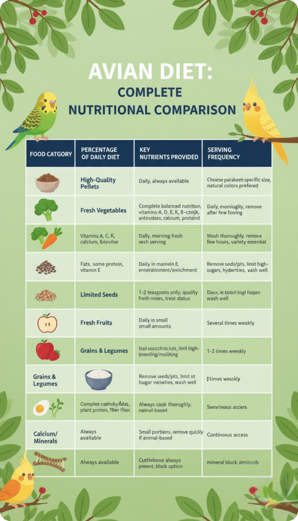 Nutritional comparison chart of various avian diets, highlighting key components and their benefits for bird health.