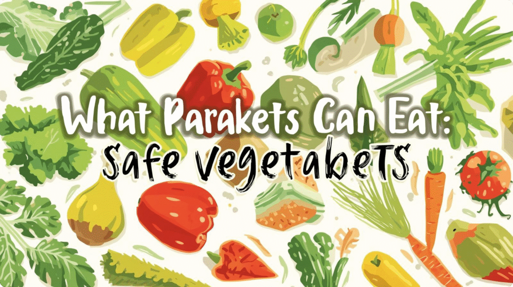 A colorful chart displaying safe vegetables for parrots, showing what can parakeets eat, including carrots, spinach, and bell peppers.