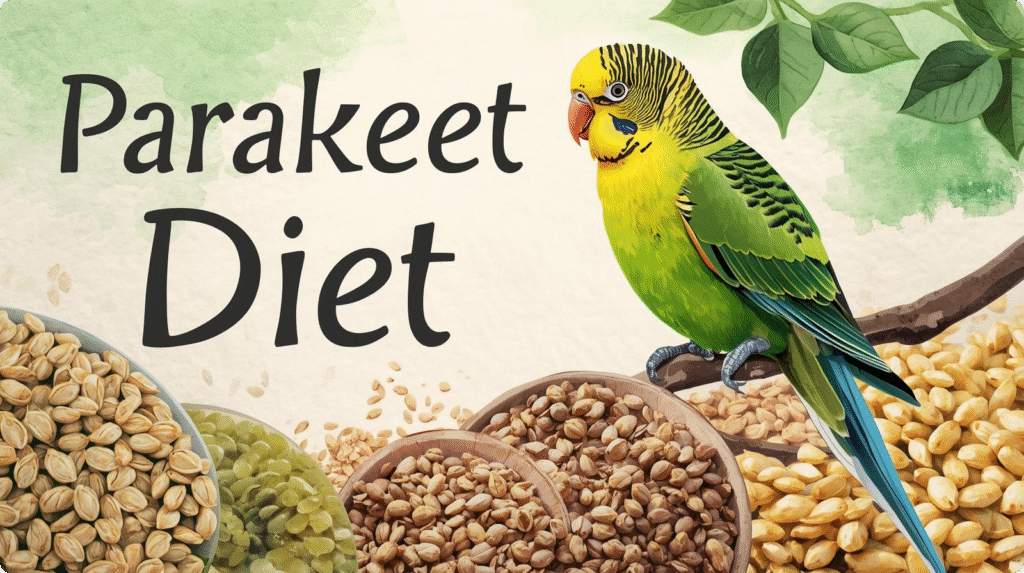 Screenshot displaying a parakeet diet chart with various food options and nutritional information.