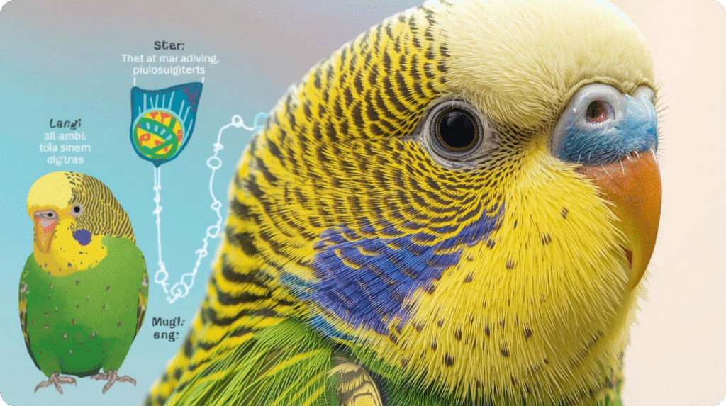 A vibrant yellow and green parakeet with a striking blue and green head perched on a branch.