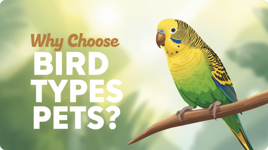 Infographic showing benefits of choosing bird types pets, highlighting companionship, low maintenance care, and unique personalities of pet birds.