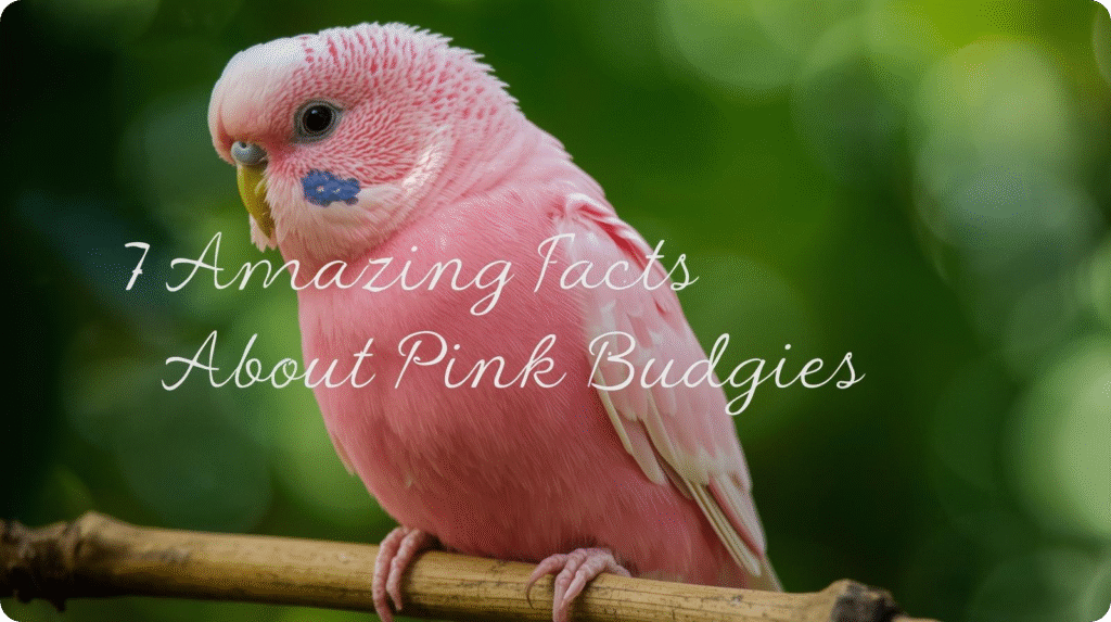 Infographic showcasing 7 fascinating facts about pink budgie traits, highlighting their rare coloring, genetics, playful behavior, intelligence, and care needs.