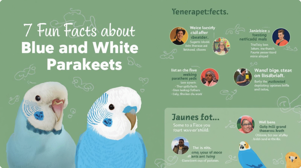 Infographic featuring 7 fun facts about blue and white parakeets, highlighting their characteristics and care tips.