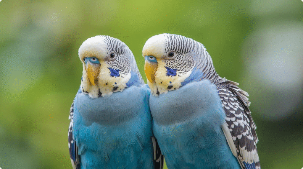 Two blue and yellow parakeets perched on a branch, showcasing their vibrant feathers in a natural setting.