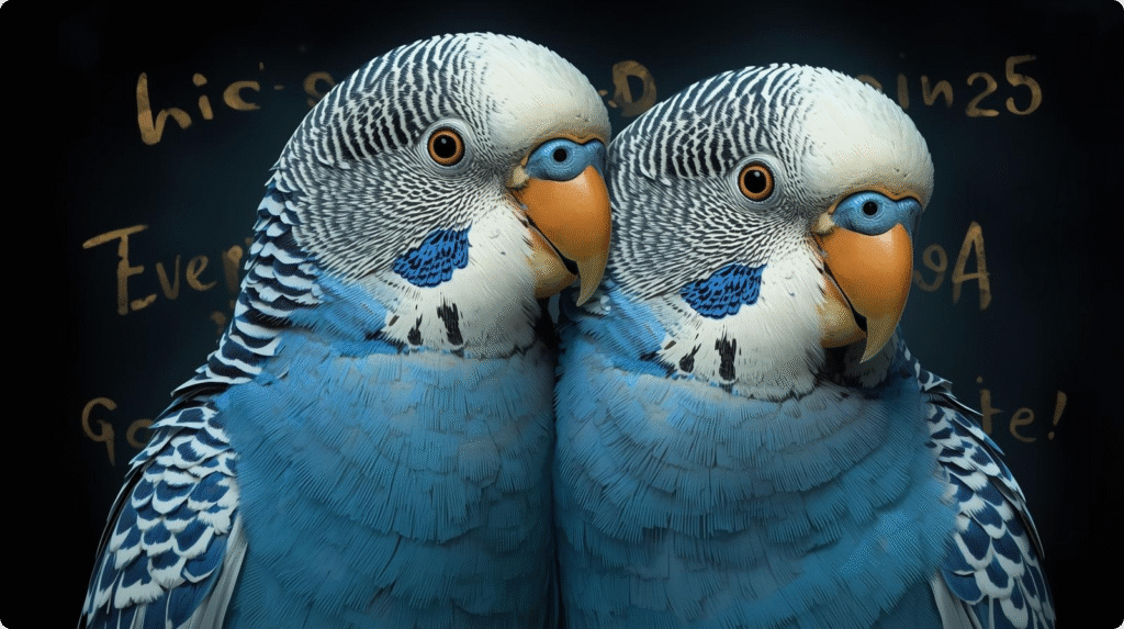 Two blue parakeets with their heads closely touching, showcasing their vibrant feathers and affectionate behavior.