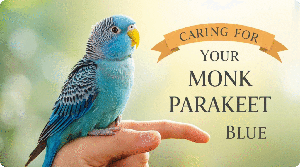 A person gently holds a blue monk parakeet, showcasing care and affection for the bird.