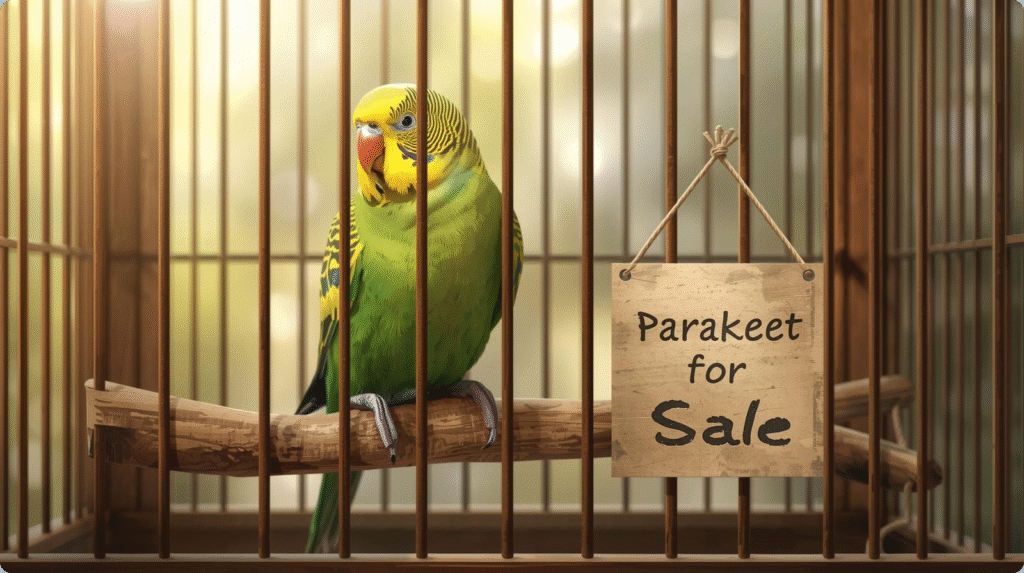 Colorful parakeet perched on a branch, available for sale in a stock photo setting