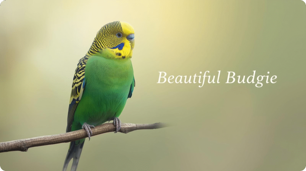 A vibrant budgie perched on a branch, showcasing its colorful feathers, symbolizing joyful pet care.