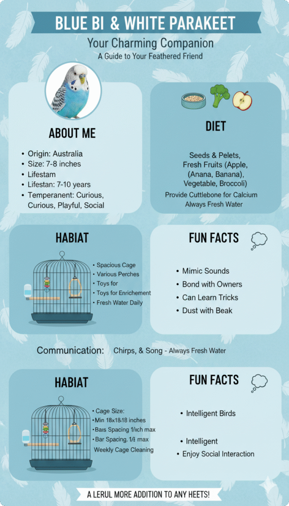 A blue and white parakeet perched on a branch, showcasing its vibrant feathers and curious expression.
