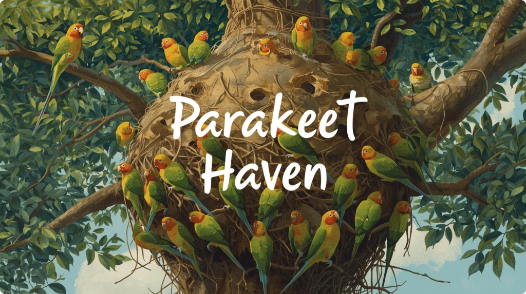 Cover of "Parakeet Haven," a new book by Jimmy Kirk featuring vibrant illustrations of parakeets in a colorful setting.