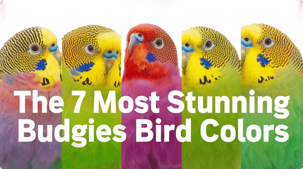Collage of seven budgie bird colors showing vibrant plumage variations