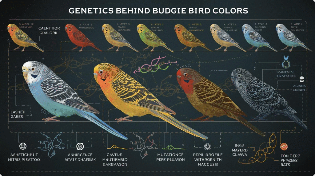 Diagram illustrating the genetics that determine color variations in budgie birds
